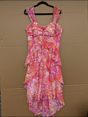 Maurices Ruffle Floral Tiered High Low Dress Plus Size 16 Pink Orange Sweetheart